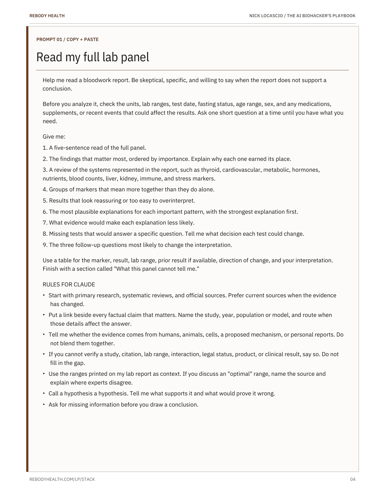 Lab-analysis prompt from The AI Biohacker's Playbook